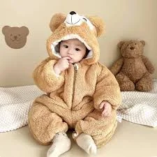 Cute Teddy Bear Fleece Hooded Baby Romper Snowsuit
